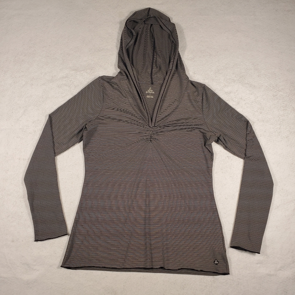 PRANA Perry Stripe Hooded Pullover Long Sleeve Women's Size L Top Black White